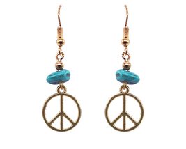 Gold Colored Peace Sign Metal Charm Chip Stone Dangle Earrings - Womens Fashion  - £11.79 GBP