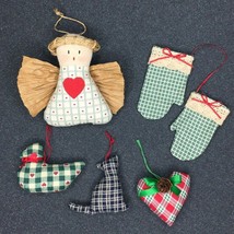 Christmas Ornaments Vintage Hand Crafted Plaid Mittens Heart Duck Kitty Angel - £15.49 GBP