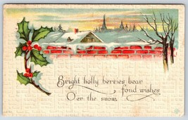 Postcard Christmas Snowy Scene Holly Leaves with Red Berries Bergman c1917 - £6.35 GBP