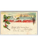 Postcard Christmas Snowy Scene Holly Leaves with Red Berries Bergman c1917 - £6.25 GBP