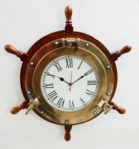 18&quot; Wooden Ship Wheel Porthole Vintage Clock Nautical Wall Clock Home Decor - £68.05 GBP