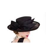 Ladies Black Linen Fedora Hat For Women Large Brimmed Bowknot For Wedding Specia - $89.99