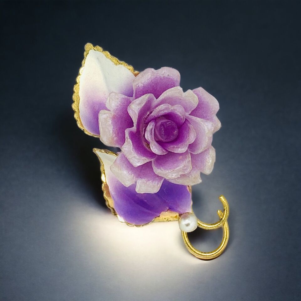 Metal Lucite Pearl Gold Tone Purple Brooch - $19.94