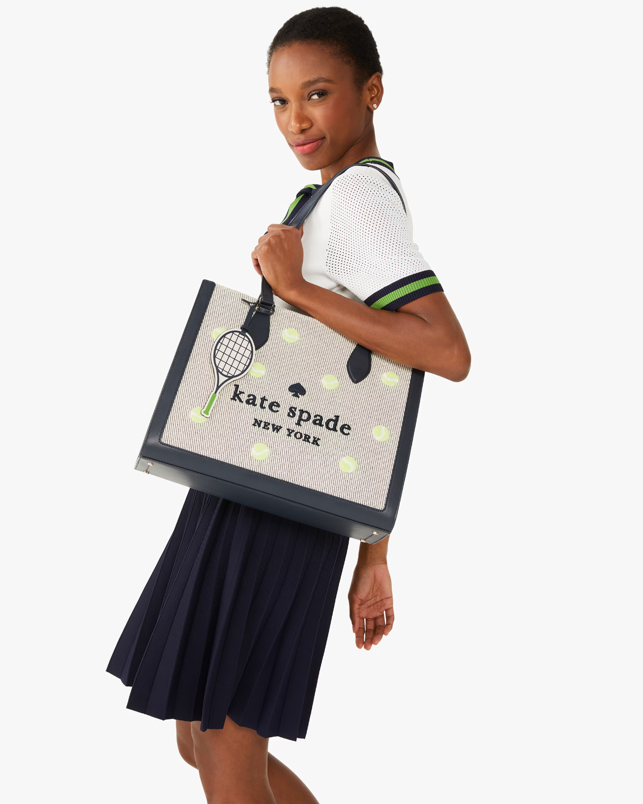 NWB Kate Spade Ellie Tennis Large Canvas Navy Leather Tote KF512 $459 Gift Bag