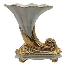 Vintage Lusterware Cornucopia Vase  With Brushed/Sprayed Gold Trim 8" Tall READ* - $43.00
