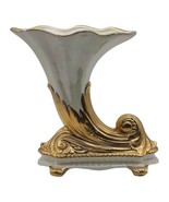 Vintage Lusterware Cornucopia Vase  With Brushed/Sprayed Gold Trim 8&quot; Ta... - £33.61 GBP