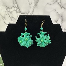 Vintage 60s Flower Cluster Dangle Earrings Teal Green Pom Pom Ball Mod - $369.95 MXN