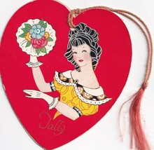 Vtg. Bridge Tally Card - Die Cut Heart Shape Woman w Flower - £12.58 GBP