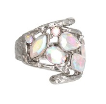Fashion Silver Loop and Aurora Borealis Crystal Rhinestone Stretch Cocktail Ring - £23.11 GBP