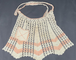 Vintage Hand Crocheted Cotton Apron With Pink Silk Ribbons Pineapple Pattern - £10.84 GBP