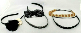 Lot Of 5 Headbands, Black Rubber, Bronze Beaded, Black Bow, Black Floral, Hair - £7.56 GBP