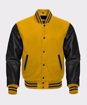 Men&#39;s Yellow Black Varsity Wool Leather Bomber Jacket Varsity Bomber Jac... - $149.99