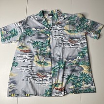 Royal Creations Hawaiian Shirt Grey Palm Trees Canoe Beach Size XL Butto... - £16.97 GBP