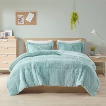 Full/Queen Soft Sherpa Faux Fur 3-Piece Comforter Set in Light Teal Blue - £136.61 GBP