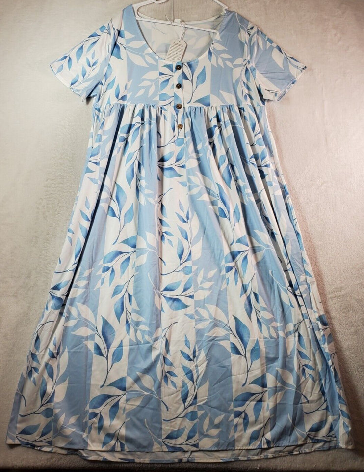 SheIn Fit &amp; Flare Dress Womens XL Blue Palm Leaf Short Sleeve Round Neck... - $9.39