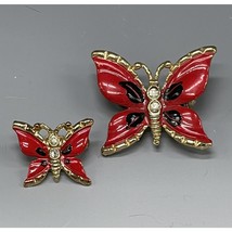 Vintage Enamel Butterfly Brooch Pins Red Rhinestones Butterflies - $20.00