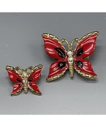 Vintage Enamel Butterfly Brooch Pins Red Rhinestones Butterflies - $20.00