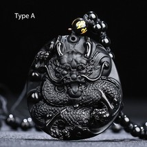 Black Obsidian Carved Dragon Lucky Amulets And Talismans Natural Stone Pendant W - £17.70 GBP