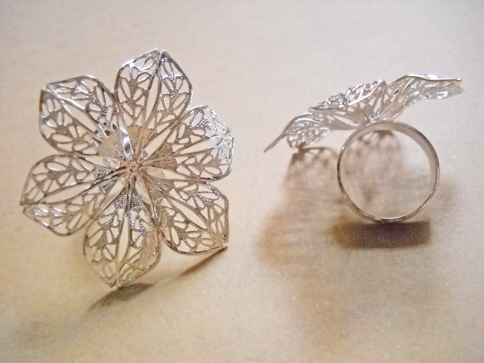 Silver Flower Ring Blank Adjustable Cocktail Setting Brass Glue On Pad F... - $2.64
