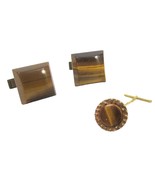 Vintage  Square Tigers Eye Cufflinks Gold Tie Tac Pin Set 70&#39;s Cuff Link... - $13.86