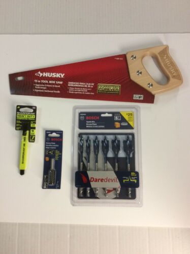 Primary image for HUSKY 15" Hand Saw + BOSCH Spade Bits and Rasp + SHARPDRAW Carpenter Pencil