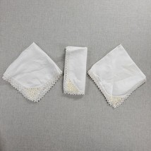 3 pcs Vintage Table Napkins 16&quot; White Plain Linen Lace Trim Hand-Crochet Square - $15.80