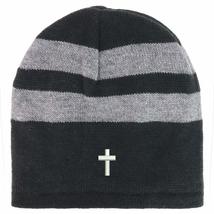 Trendy Apparel Shop Cross Embroidered Fleece Lined Striped Short Beanie - Black  - £15.30 GBP