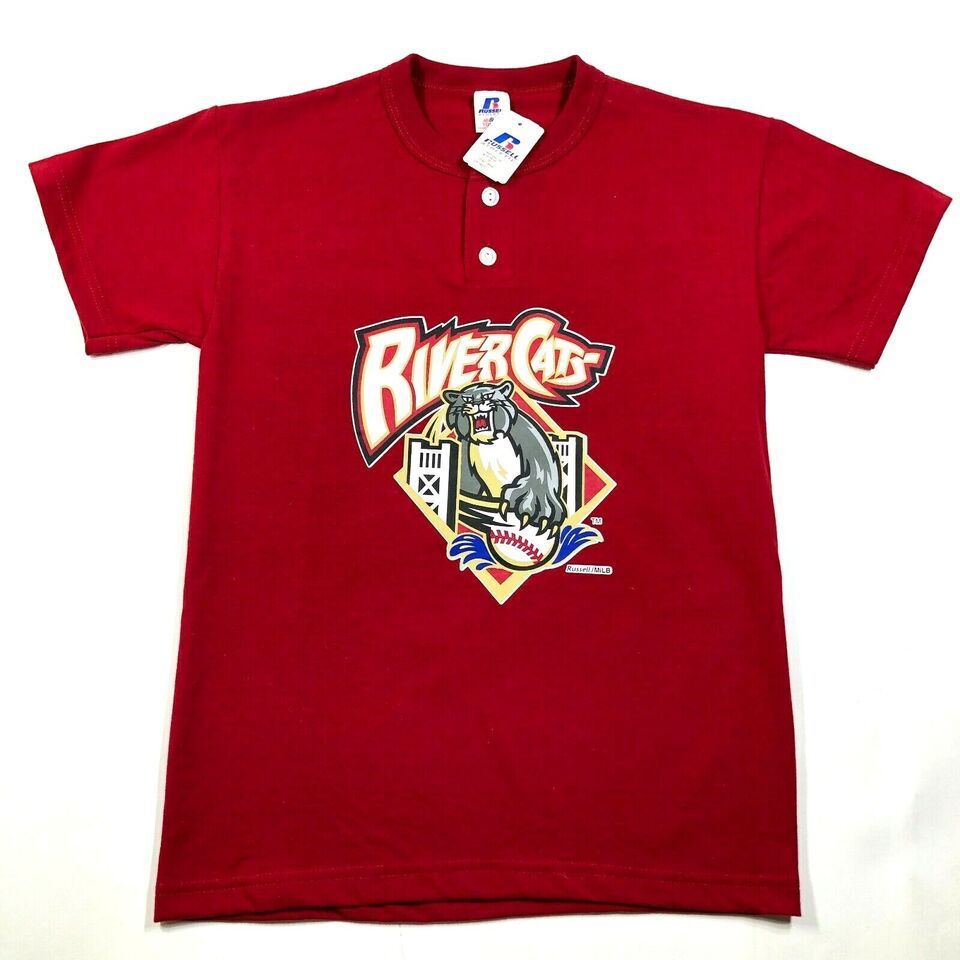 Sacramento River Cats Youth Boys L Red T Tee Shirt Crew Neck 2 Button He... - $14.85
