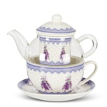 Tea for One Teapot 5 pc Set 12 oz Lavender Sprigs Bone China Glass Mother&#39;s Day  - £31.81 GBP