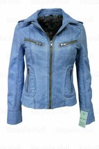 New Women&#39;s Luxury Jacket Blue Crust Real Cowhide Leather Biker Style De... - $167.39+