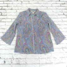 E.K. Designs Shirt Women Medium Blue Paisley 3/4 Sleeve Crinkle Collared Y2K 90s - $19.99