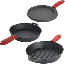 MegaChef Pre-Seasoned Cast Iron Pan Skillet Griddle Set w Red Silicone H... - £54.09 GBP