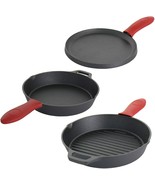 MegaChef Pre-Seasoned Cast Iron Pan Skillet Griddle Set w Red Silicone H... - £52.99 GBP