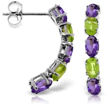 14K Solid White Gold Gemstone Stud Earrings w/ Natural Amethysts &amp; Peridots - £302.14 GBP