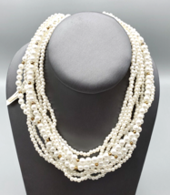 Vintage Faux Pearl Collar Necklace 10 Strand Hong Kong Gold Tone Bead Accents - £8.15 GBP