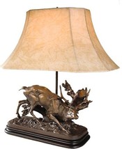 Table Lamp Rubbing Stag Deer Hand Painted OK Casting, Linen Shade, USA Made - £526.77 GBP