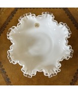 Vintage White Milk Glass Candy or Nut Dish Clear Ruffled Edge 8&quot; - $17.68