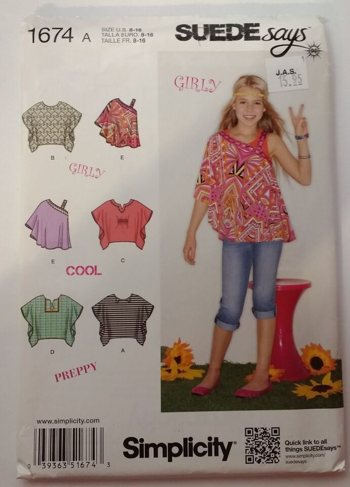 Simplicity 1674 Size 8-16 Girls' Tops Suede Says - $12.86
