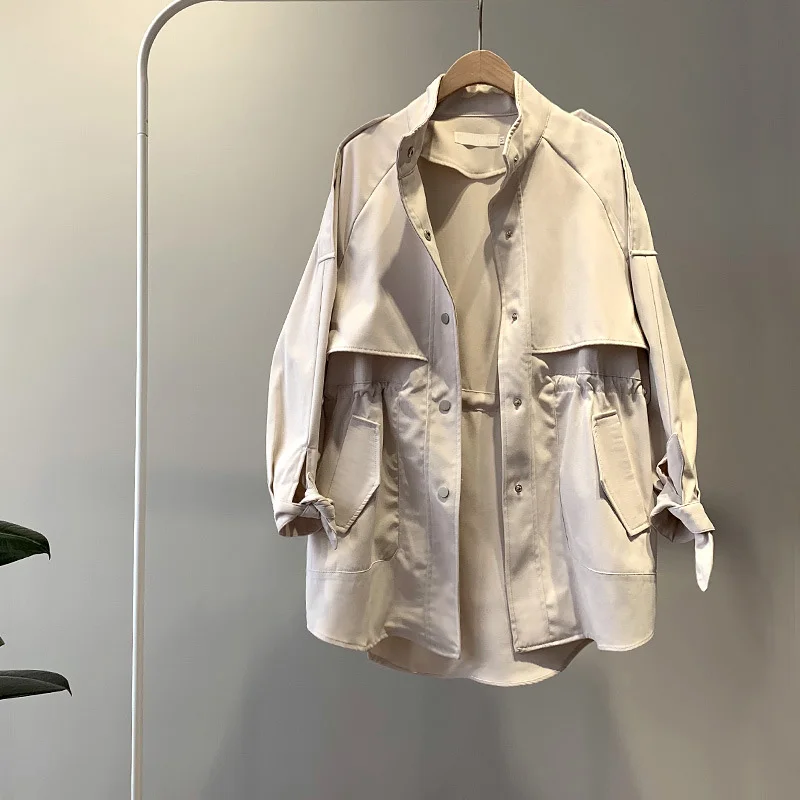  es Long Sleeve Stand Collar Ladies Midi Length Coat Khaki Trench Femme Casaco F - £128.77 GBP