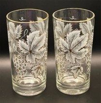 Vintage Mid Century Iced Tea Tumbler Grape Leaf Glasses (2) 10 oz Gold &amp; White - £17.58 GBP