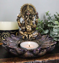 Hindu Elephant God Ganesha On Lotus Padma Flower Votive Candle Holder Figurine - £24.68 GBP