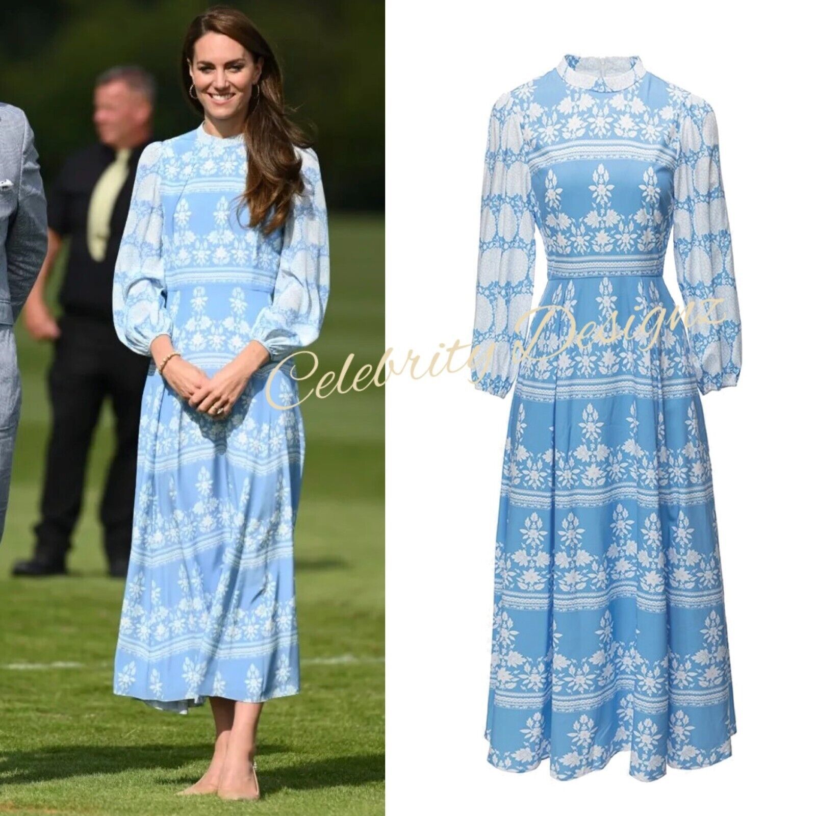 Kate Middleton Inspired Baby-blue Boho Blouson-sleeved Cornflower Maxi Dress OZ