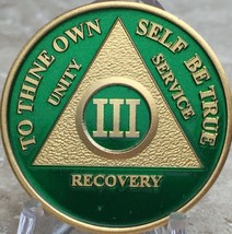 3 Year AA Medallion Green Gold Plated Alcoholics Anonymous Sobriety Chip Coin - £16.29 GBP