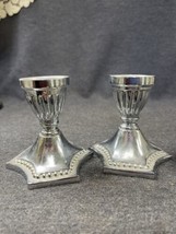 Vintage Classic Cast Metal Silver Candlesticks Pair Weighted Chrome Set Art Deco - £10.90 GBP