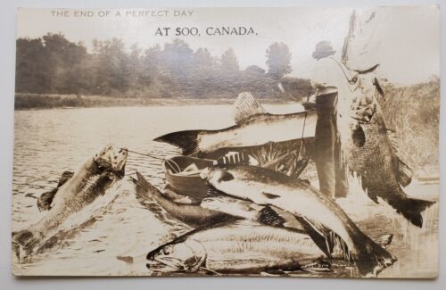 Primary image for Soo Canada Funny Fishing Giant Fish "Perfect Day" Real Photo Postcard RPPC