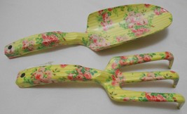 April Cornell Garden Hand Tool Lot Spade &amp; Fork Yellow Pink Roses Floral Print - £27.29 GBP