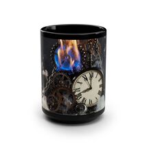 Steampunk Clockwork Flames Gears Black Ceramic Mug 15oz Gothic Fire Coffee - $24.28