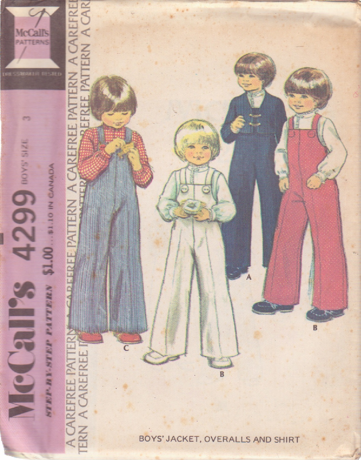 McCALL&#39;S 1974 PATTERN 4299 SIZE 3 BOY&#39;S JACKET, OVERALLS AND SHIRT UNCUT - $3.00