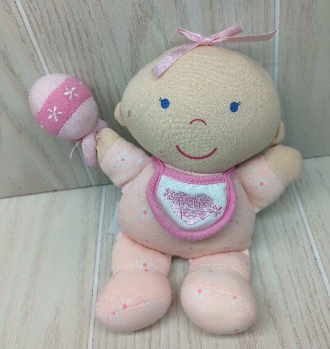 Toys R Us Especially for Baby Plush soft baby doll pink white flowers bib rattle - $24.74