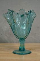 Vintage Art Glass Aqua Blue Footed Pedestal Handkerchief Vase Three Part Mold - £22.33 GBP